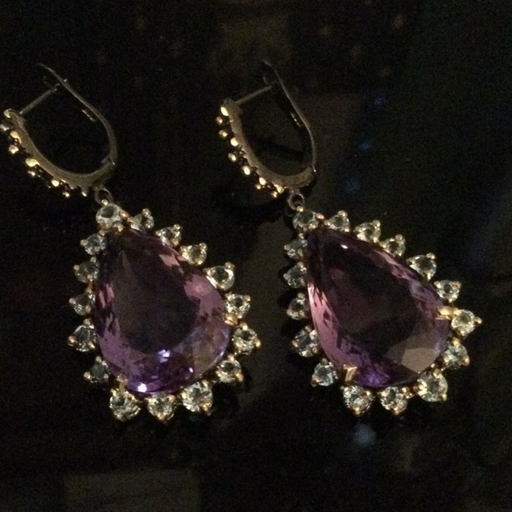 Exceptional Genuine  AAA+ Royal Purple Amethyst & Aquamarine Earrings - Picture 5 of 12